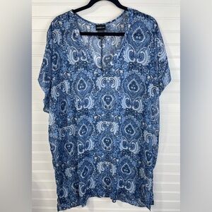 Cover 2 Cover Blue Sheer Paisley Patterned V-Neck Swim Coverup L Women’s EUC
